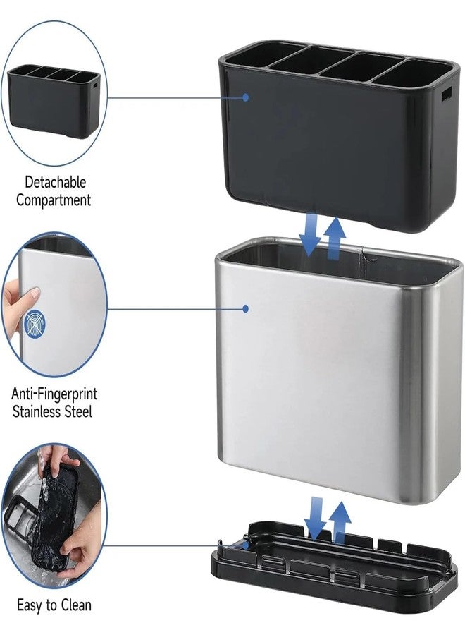 DOOMSDAY Stainless Steel Utensil Holder for Kitchen Countertop | 4-Compartment Cutlery Organizer with Removable Dividers | Anti-Slip Base & Drainage Function | Large Capacity - Image 5